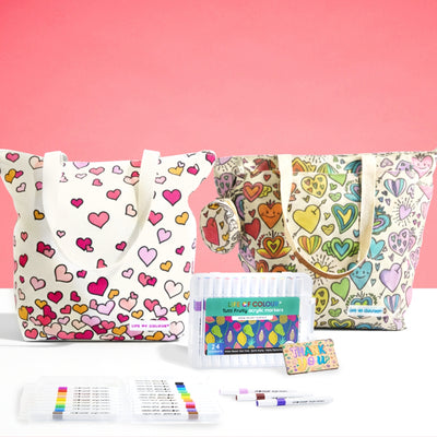 DIY Doodle Bag Bundle - Falling Hearts & Love Heart Tote Bags & Acrylic Markers