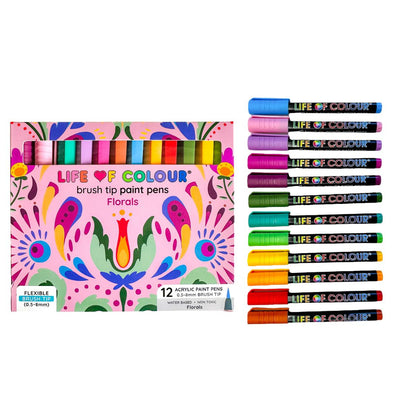 Floral Colours Brush Tip Acrylic Paint Pens - Set of 12